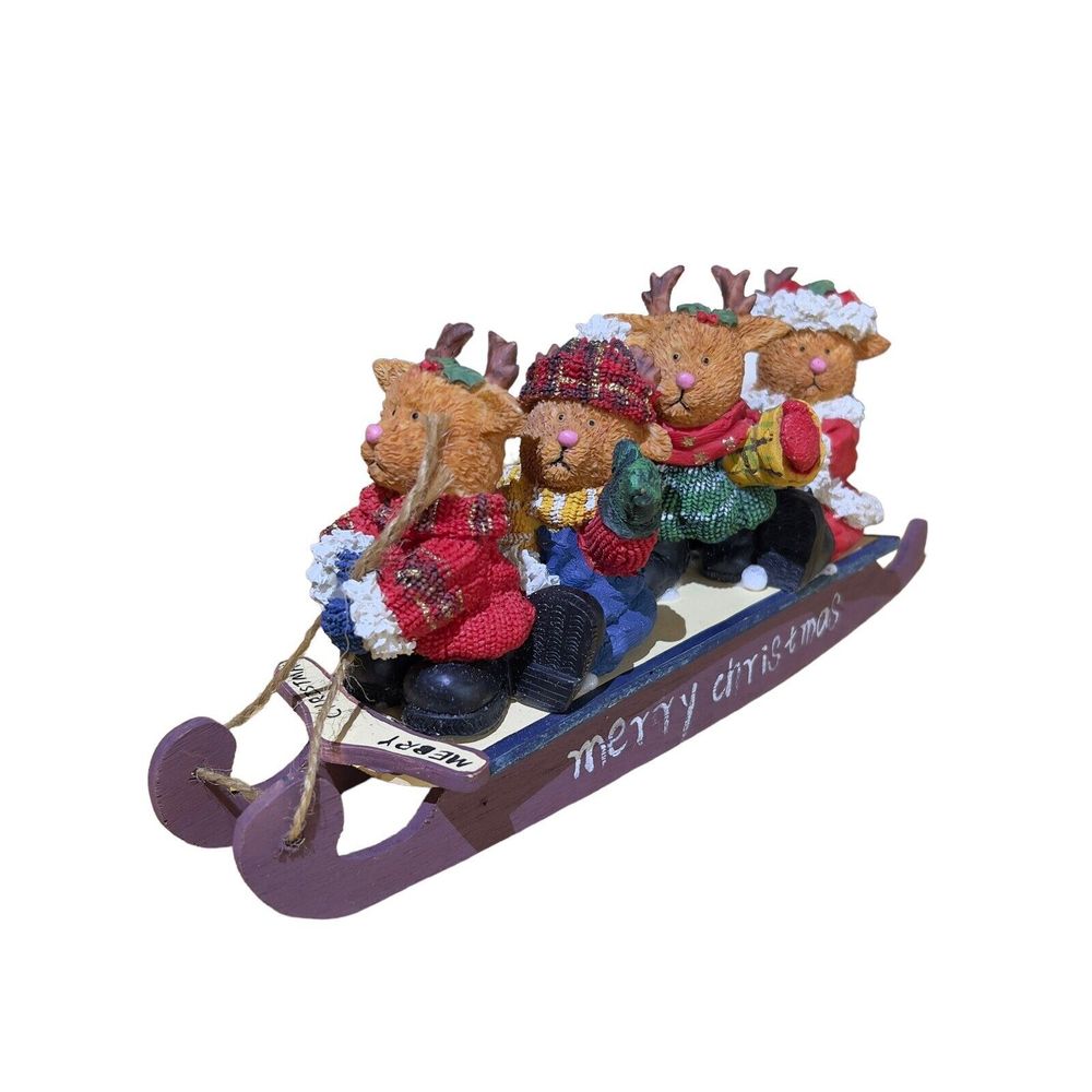Merry Christmas Snow Sleigh 4 Reindeer Bears Decorative Funtime 11”x 4.5”x 2”